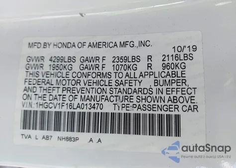 2020 Honda Accord Lx from USA, damaged, VIN 1HGCV1F16LA013470